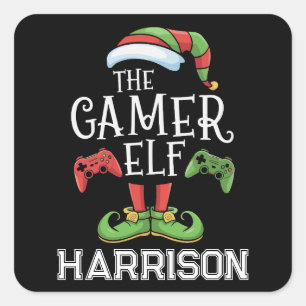 Pegatina Cuadrada Elfo de videojuegos personalizado de Navidad para