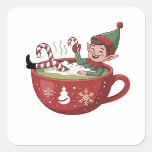 Pegatina Cuadrada Elfo Divertido Tomando Baño de Matcha en Navidad