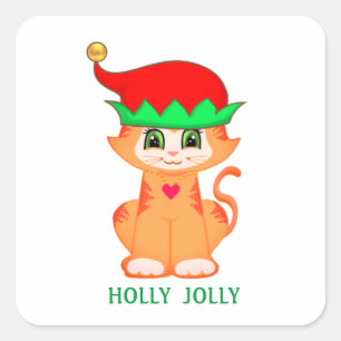 Pegatina Cuadrada Elfo gatito lindo de Navidad