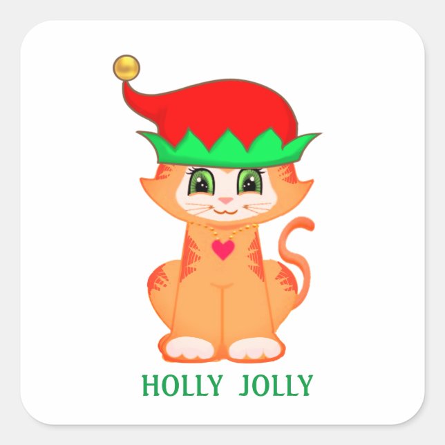 Pegatina Cuadrada Elfo gatito lindo de Navidad (Anverso)