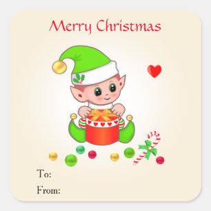 Pegatina Cuadrada Elfo Navideño Lindo en Beige para Regalos y Favore