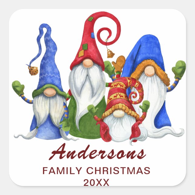 Pegatina Cuadrada Elfos Gnomos Regalos De Navidad Retro Fiesta (Anverso)