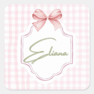 Pegatina Cuadrada Eliana Personalizada Pink Bow & Gingham Print