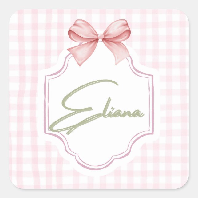 Pegatina Cuadrada Eliana Personalizada Pink Bow & Gingham Print (Anverso)