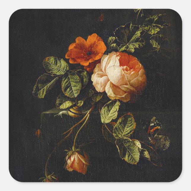 Pegatina Cuadrada Elias van den Broeck, Vida fija con Rosas (Anverso)