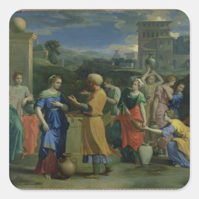 Pegatina Cuadrada Eliezer y Rebecca en el pozo, 1648 (aceite en la c (Anverso)