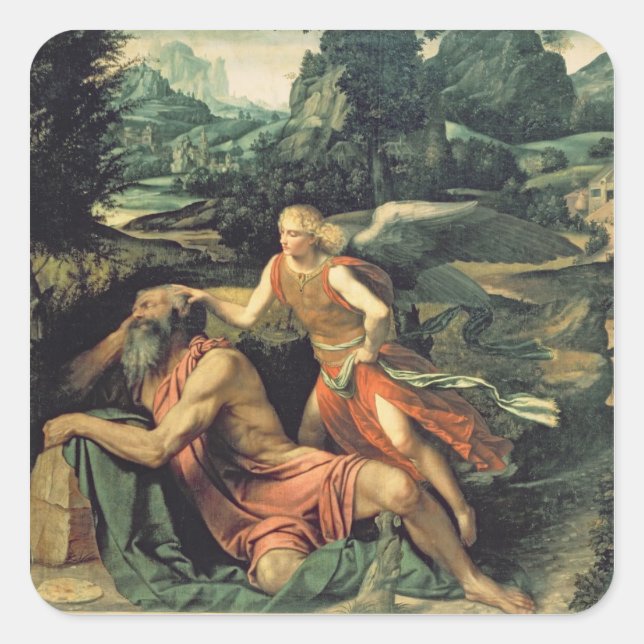Pegatina Cuadrada Elijah Visitado por un ángel, c.1534 (Anverso)