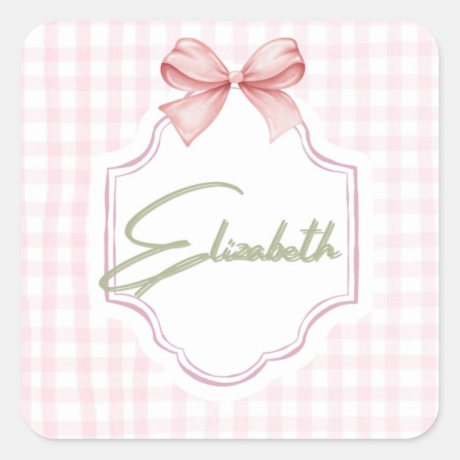 Pegatina Cuadrada Elizabeth Baby Nursery Gingham Personalizada (Anverso)