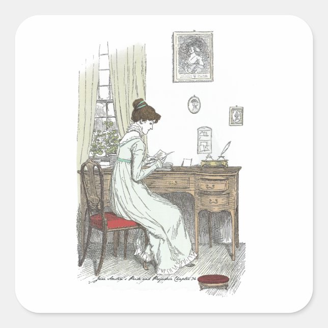 Pegatina Cuadrada Elizabeth Letters, Jane Austen Pride y sus prejuic (Anverso)