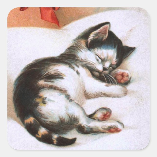 Pegatina Cuadrada Ellen H. Clapsaddle: Gatito del navidad (Anverso)