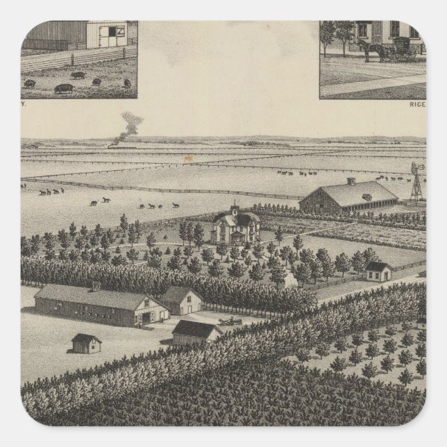 Pegatina Cuadrada Elliott Residence and Farm, Condado de Rice, Kansa (Anverso)