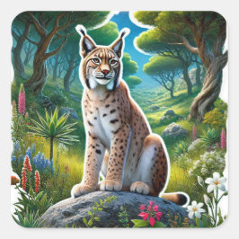 Pegatina Cuadrada Elusivo Tawny Iberian Lynx