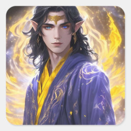 Pegatina Cuadrada Elven Mage con fuego y estrellas: arte de fantasía