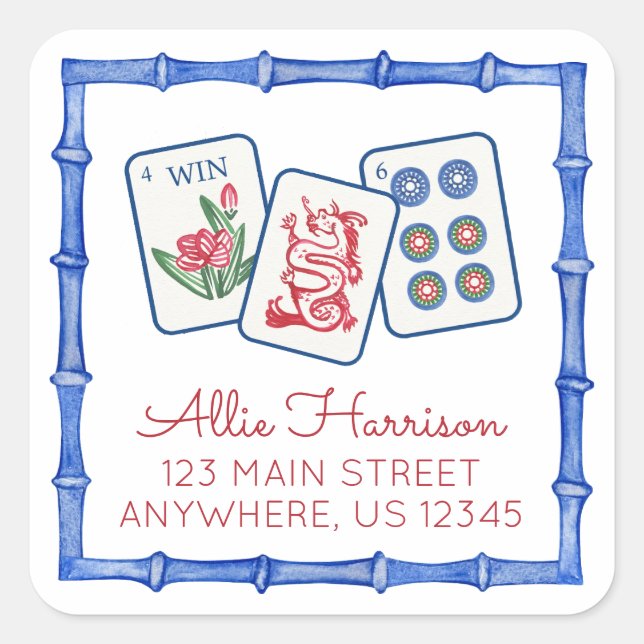 Pegatina Cuadrada Embalse de agua Mahjong Tiles y Bows (Anverso)