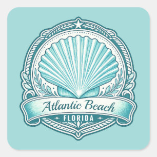 Pegatina Cuadrada Emblema Costero de Atlantic Beach FL de Conchas