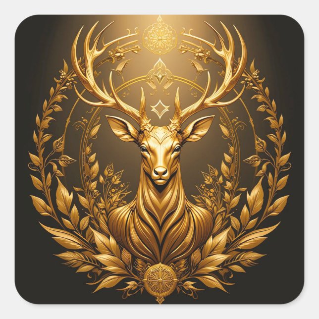 Pegatina Cuadrada Emblema de Ciervo Dorado (Anverso)