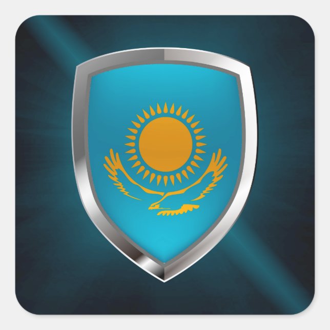 Pegatina Cuadrada Emblema metálico de Kazajistán (Anverso)