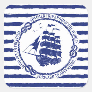 Pegatina Cuadrada Emblema Náutico Con Barco De Vela