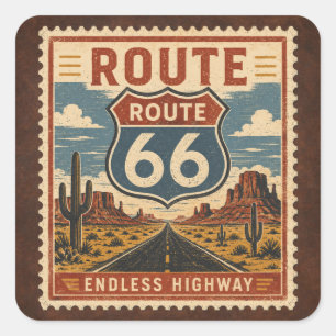 Pegatina Cuadrada Emblema Retro Americano al Costado de la Carretera