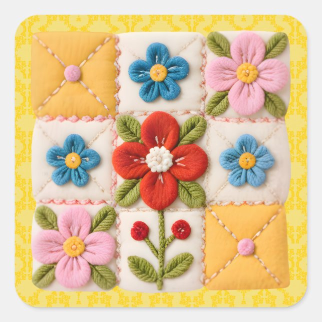 Pegatina Cuadrada Embroidered Flower Patchwork Quilt (Anverso)