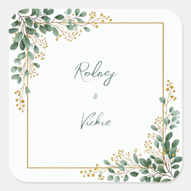 Pegatina Cuadrada Emerald Eucalyptus Gold Berry Frame Wedding (Anverso)