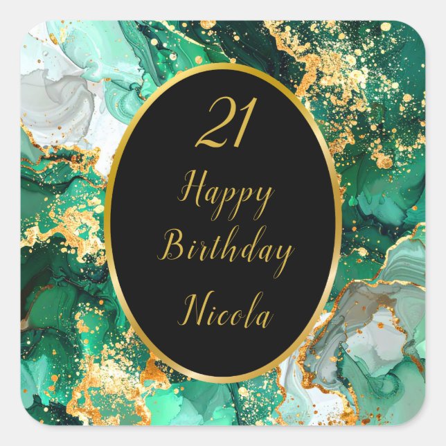 Pegatina Cuadrada Emerald Green and Gold Marble Agate Birthday Party (Anverso)