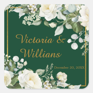 Pegatina Cuadrada Emerald Winter Elegant Gold Floral Envelope Seal
