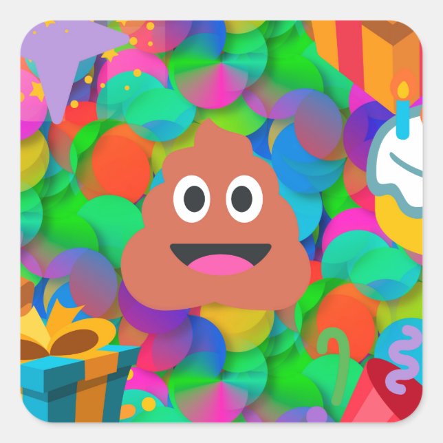 Pegatina Cuadrada emoji de caca de cumpleaños feliz (Anverso)