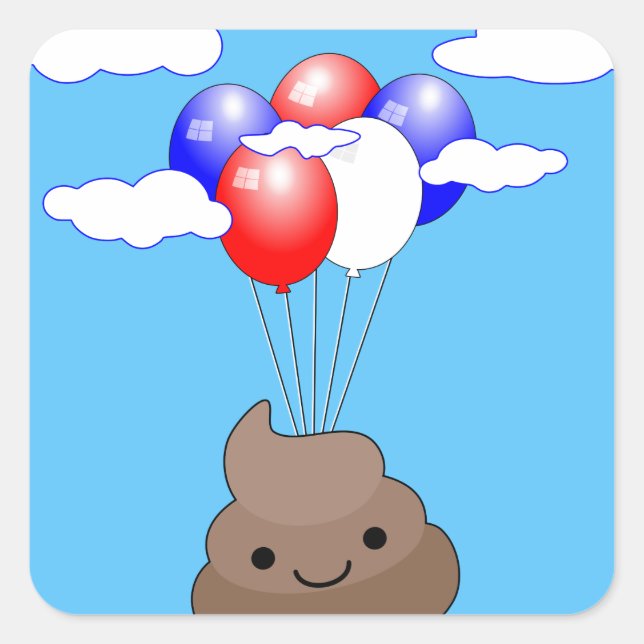 Pegatina Cuadrada Emoji Poo Volando Con Globos En Cielo Azul (Anverso)