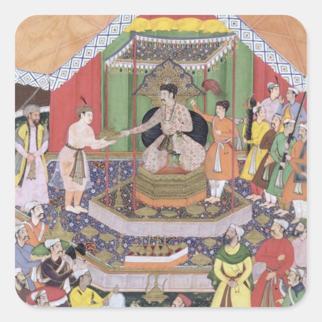 Pegatina Cuadrada Emperador Akbar (r.1556-1605) entretenido por sus  (Anverso)
