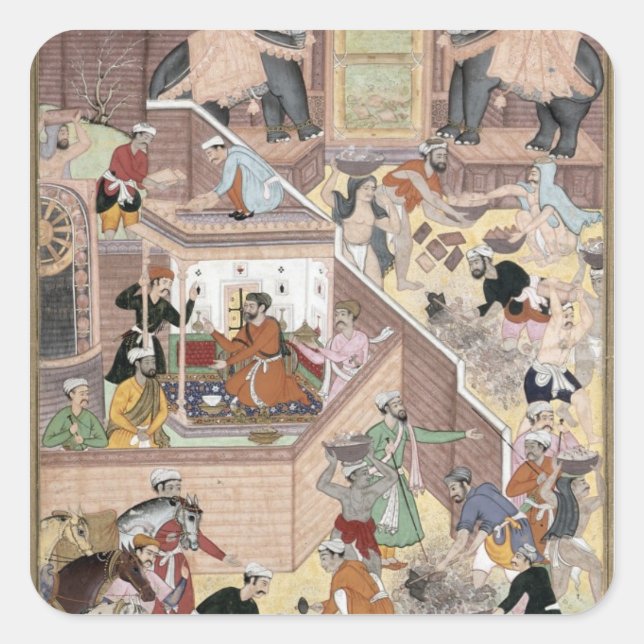 Pegatina Cuadrada Emperador Akbar (r.1556-1605) inspeccionando el ed (Anverso)