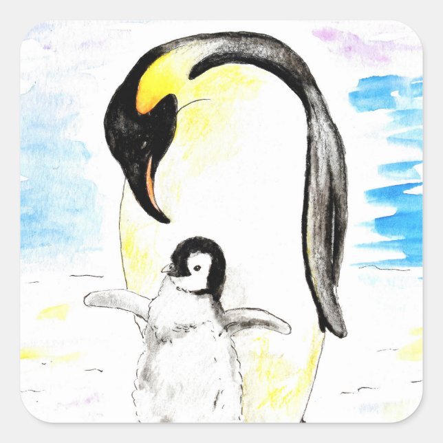 Pegatina Cuadrada Emperor Penguin and Chick Watercolor Painting (Anverso)