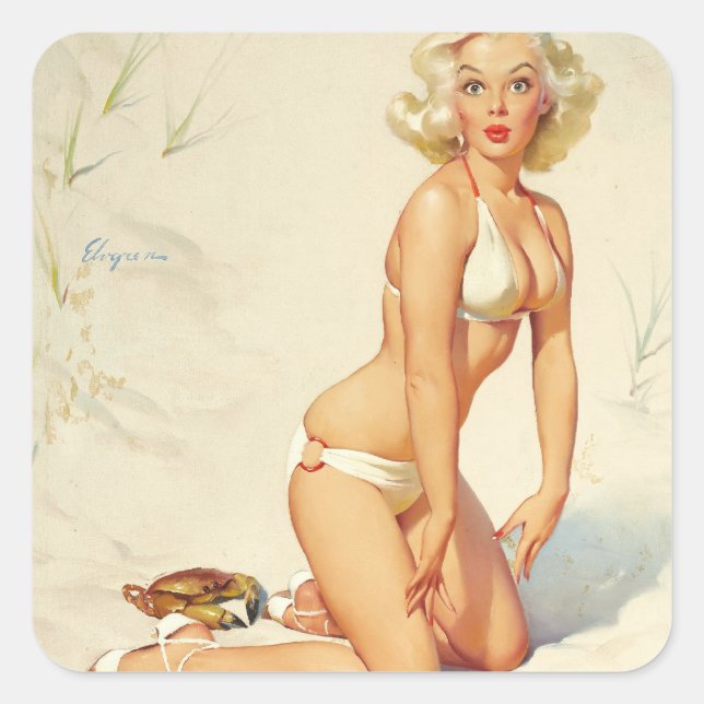 Pegatina Cuadrada En el Chica Beach Retro Pin-up (Anverso)