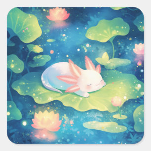 Pegatina Cuadrada En el estanque de flores Axolotl dulce escape