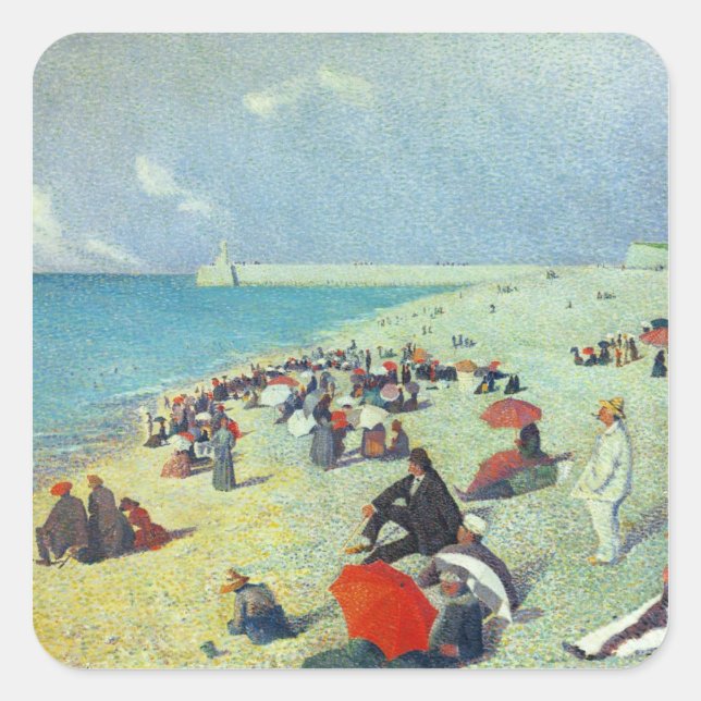 Pegatina Cuadrada En La Playa (Anverso)