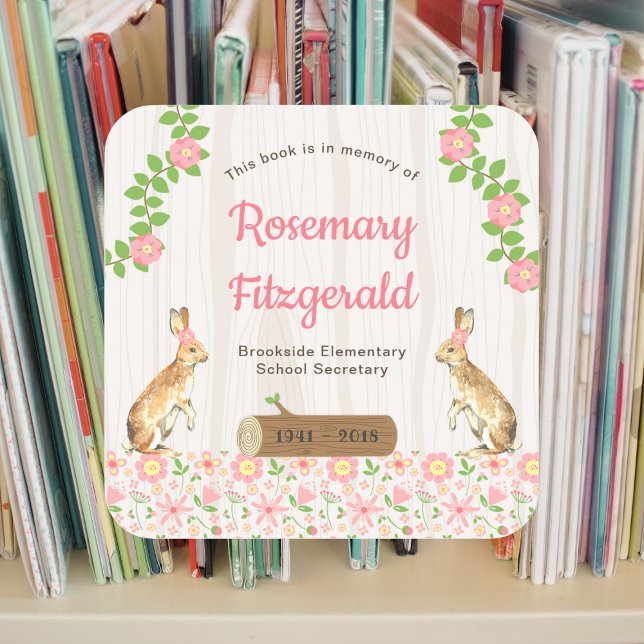 Pegatina Cuadrada En memoria de la placa del libro, conejos florales (Subido por el creador)