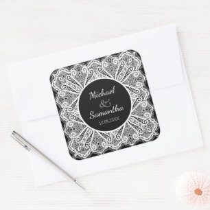 Pegatina Cuadrada Encaje elegante y boda personalizada negra