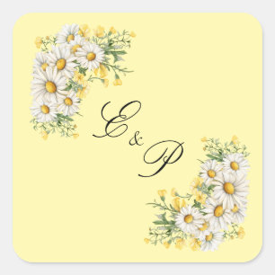 Pegatina Cuadrada Encaje Vintage & Daisies Floral Boda