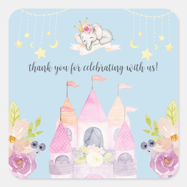 Pegatina Cuadrada Encantador Castillo Rosa Princesa Chica Baby Showe (Anverso)