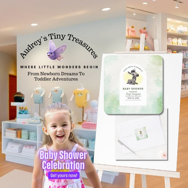 Pegatina Cuadrada Encantador Personalizado Zebra Baby Shower (Subido por el creador)