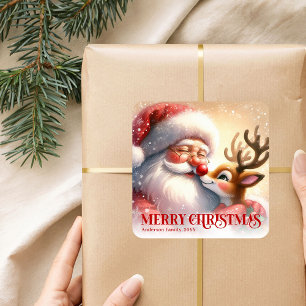 Pegatina Cuadrada Encantador Santa Rudolph Personalizado Navidad Niñ