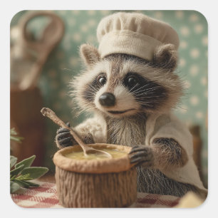 Pegatina Cuadrada Encantador y amable chef de Raccoon que agita un b