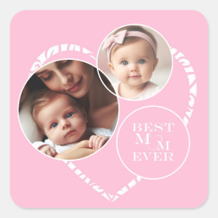 Pegatina Cuadrada Encantador y Elegante Corazón Rosa y Blanco de 3 F