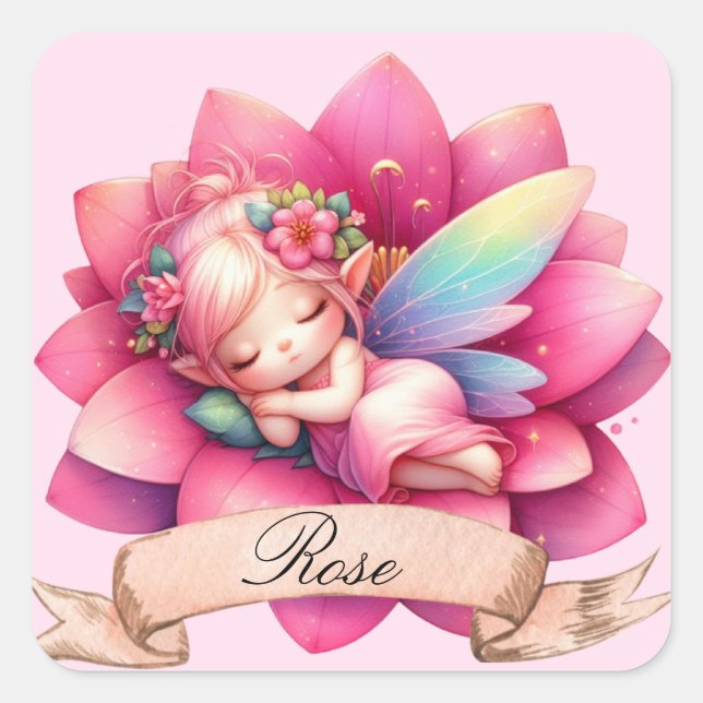 Pegatina Cuadrada Encantadora Hada Durmiente Sueños Dulces Florales  (Anverso)