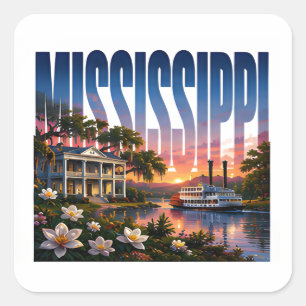 Pegatina Cuadrada Encanto sureño del patrimonio del río Mississippi