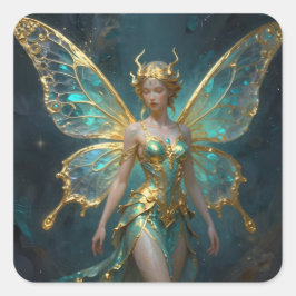 Pegatina Cuadrada Enchanted Fairy in Gold and Turquoise 