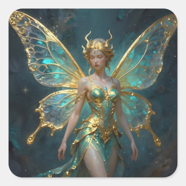 Pegatina Cuadrada Enchanted Fairy in Gold and Turquoise  (Anverso)