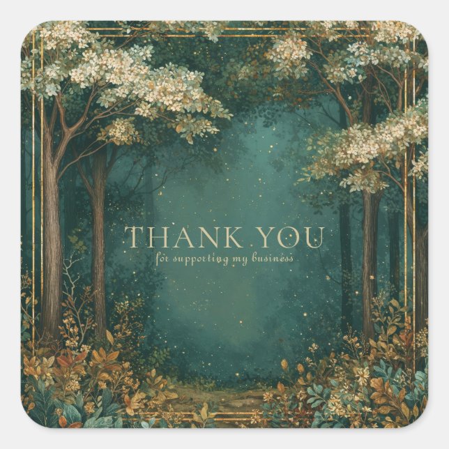 Pegatina Cuadrada Enchanted Forest White Blossom Gold Sparkle (Anverso)