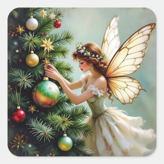 Pegatina Cuadrada Enchanted Vintage Fairy Christmas (Anverso)