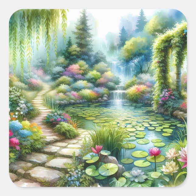 Pegatina Cuadrada Enchanted Waterfall Garden Lily Pond (Anverso)